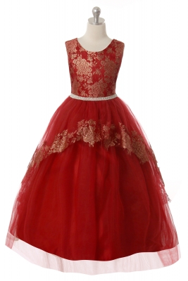 Burgundy Glamorous Sleeveless Dress with Gold Floral Details